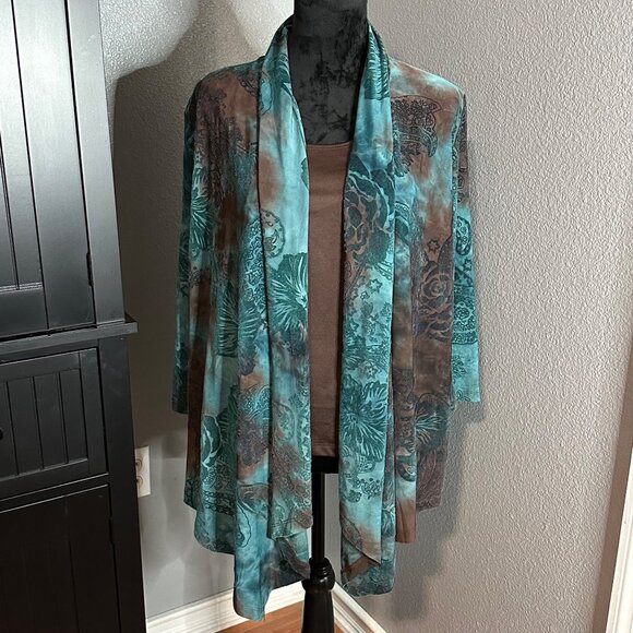 None Tops - Cato Womens Large 2-in-1 Top Brown Teal Floral Paisley Open Drape Cardigan